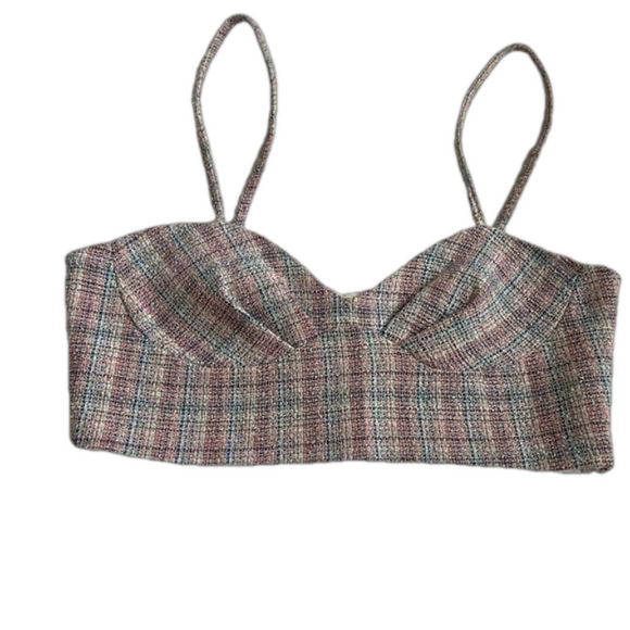 NWOT Zara Blue Pink Check Tweed  Bralette size Medium - Picture 1 of 8